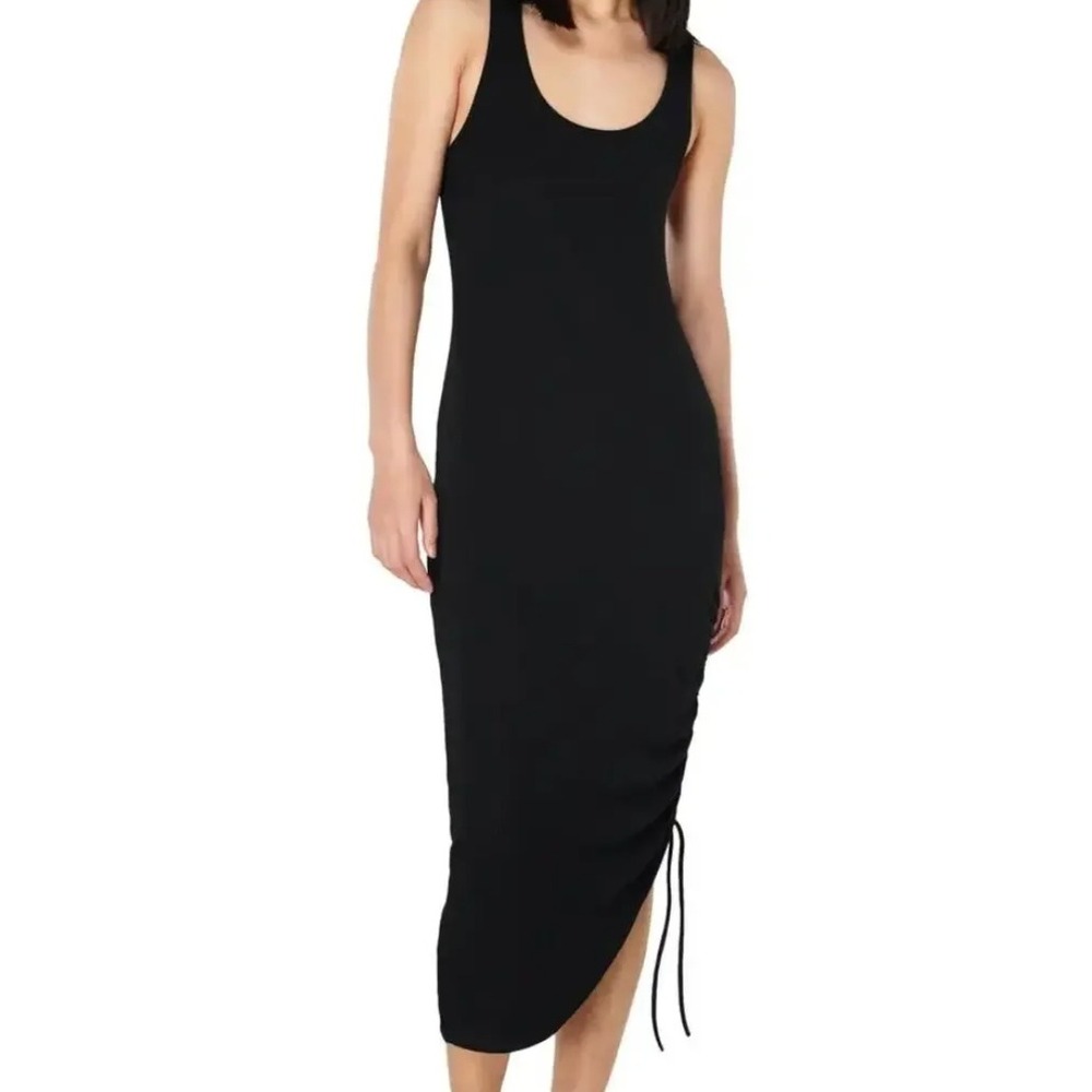 Sweaty Betty Weekend Twist Back Midi Dress S Black Ribbed Ruched Racerback